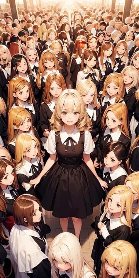 perfect anime illustration, 100girls, all girls are sisters, sisters crowded together, sisters in background, matching hairstyles, brown hair, blonde hair, curly hair, matching hairstyle, hazel eyes, smilinatching outfits), highres, full body