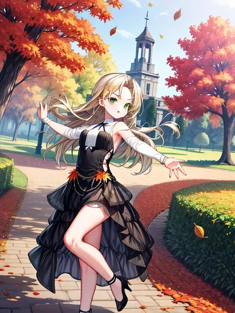 Extreme detail , masterpiece, highly detail, one girl ,blonde hair, beautiful green eyes, long hair, change,sassy change，cheey change ,girl,daytime park,autumn,autumn leaves,(much leaves dancing in the sky):1.3