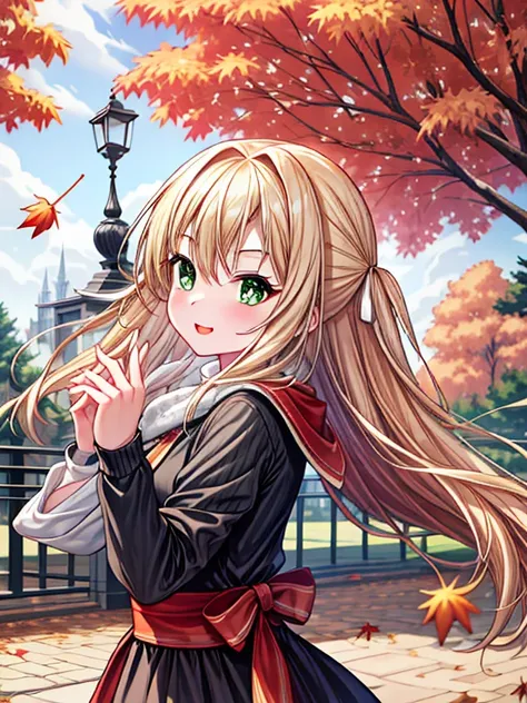 Extreme detail , masterpiece, highly detail, one girl ,blonde hair, beautiful green eyes, long hair, change,sassy change，cheey change ,girl,daytime park,autumn,autumn leaves,(much leaves dancing in the sky):1.3