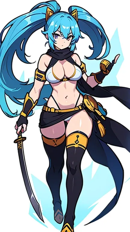 (((Best Quality))) , ((full body)), female, reference sheet, solo, (white background), holding sword, gauntlets, thigh high, sarong, blue, orange, green, violet, brown, white, bikini, standing,
