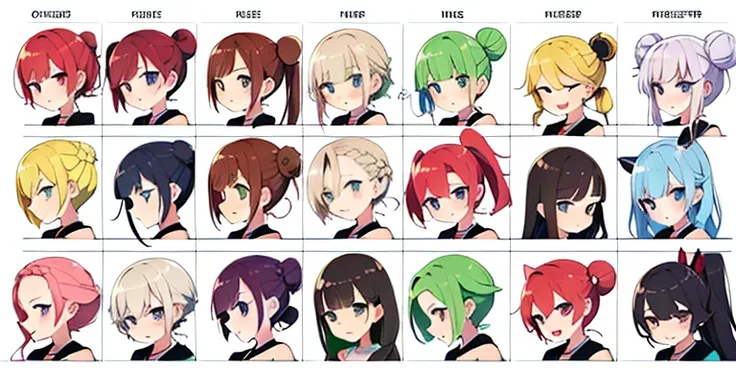 mugshot, multiple views, white background, different hair styles, emotes of different expressions, camisole, lineup,
twin-tail hair style,
pony-tail hair,
wavy long hair,
braid,
parted bangs,
high ponytail,
low ponytail,
big hair,
cornrows,
hair bun,
hair ...