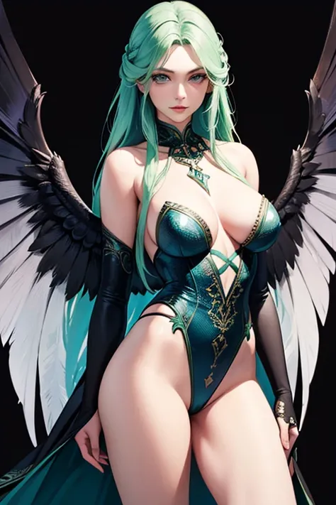 "(best quality,ultra-detailed,realistic:1.37),portrait,detailed bird-like wings,detailed bird-like legs,long green hair,beautiful blue eyes,detailed lips,mysterious atmosphere,sexy half-raven figure,dark clothing,arms with wings, harpia, naked,  braid a ha...