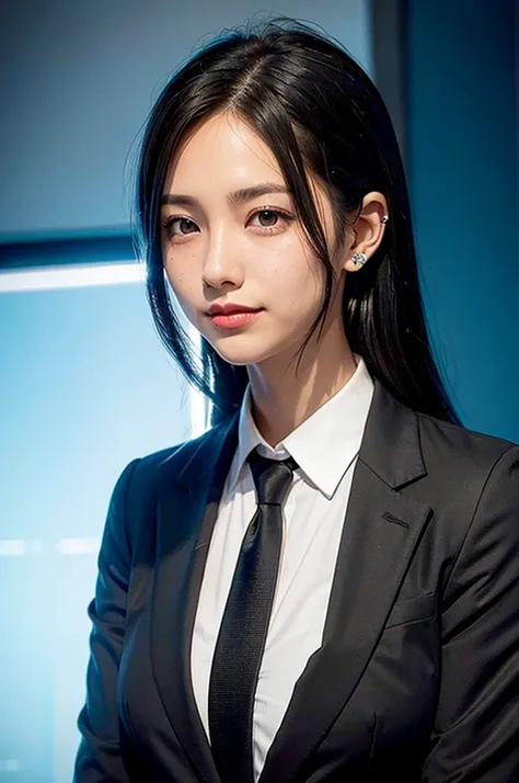 ((hair behind head)), (black dress shirt), ((hair tucked behind ears)), ((locks of hair)), medium length hair, (freckles), young woman, (black eyes), (suit and tie), smiling, blue tie, (neon light night blue city), black hair