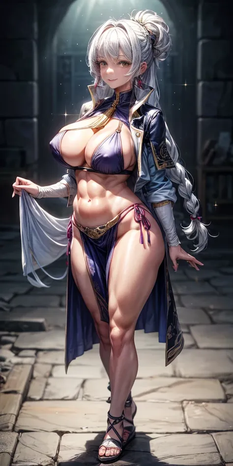 1girl full body standing, nice ass, Hairstyle with a braid, white colored hair, Yellow eyes, perfect lighting, muscular, thights, Mature woman, mummy, bellybutton, Abs, looks at the viewer (tmasterpiece, hiquality: 1.1) ssmile, Extremely huge breasts, Mate...