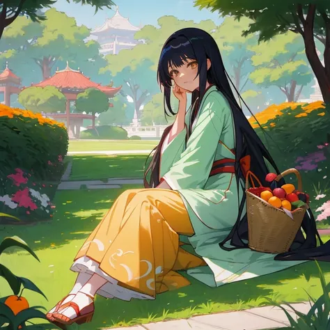 anime girl sitting on the grass with a basket of fruit, artwork in the style of guweiz, guweiz, palace ， a girl in hanfu, ehime, guweiz on pixiv artstation, anime visual of a cute girl, guweiz masterpiece, official art, hinata hyuga, guweiz on artstation p...