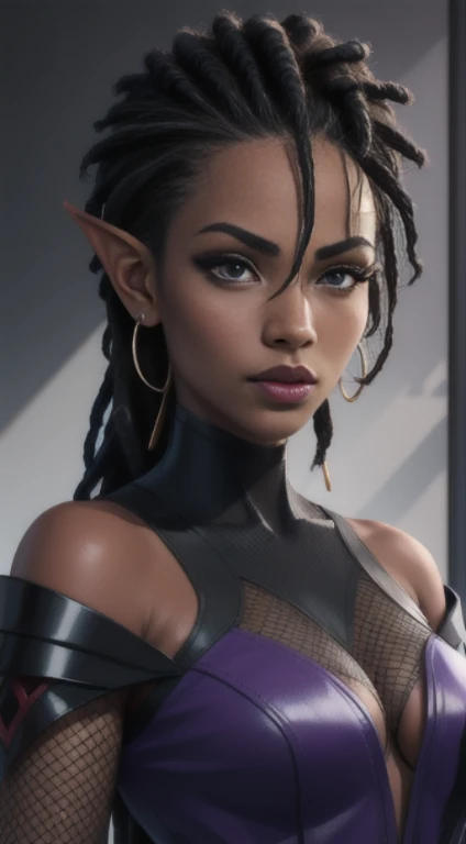 Portrait of an African-American female, with dark black dreadlocks, purple eyes, dark brown skin, pointed ears, slutty assassin, sexy sith lord, fishnet sexy sith robes, lust demon, perfect composition, hyper-detailed, 8K, high quality, perfect eyes, trend...