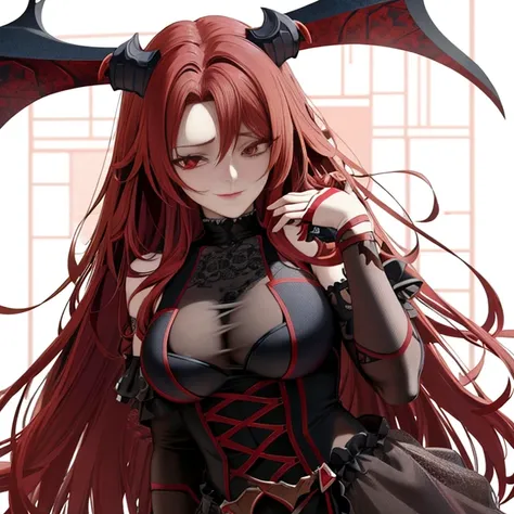 a close up of a woman with red hair and horns, demon anime girl, detailed anime character art, gothic maiden anime girl, succubuedieval, redhead queen in heavy red armor, photorealistic anime girl render, 3 d render character art 8 k, rias gremory, 8k octa...