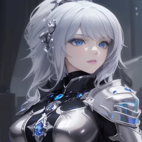 a close up of a woman with blue eyes wearing a silver outfit, anime highly detailed, pale black armor, hyper realistic anime, portrait knights of zodiac girl, gorgeous female paladin, with sleek silver armor, portrait of a female anime hero, beautiful fant...