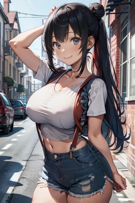 masterpiece、The best、1 female、denim vest、Denim shorts、Red shirt， Bun bun、black hair、Shoulder leakage、big breasts、chubby、Smile、White suspenders、lace leggingackpack，On campus，pose