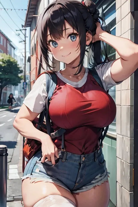 masterpiece、The best、1 female、denim vest、Denim shorts、Red shirt， Bun bun、black hair、Shoulder leakage、big breasts、chubby、Smile、White suspenders、lace leggingackpack，On campus，pose