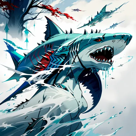 painting of a shark with a colorful splash of paint on it, sharp high quality artwork, sharp digital painting, shark, megalodon, great white shark, anthropomorphic shark, blue shark, by jake parker, art of alessandro pautasso, amazing wallpaper, by Gabor S...