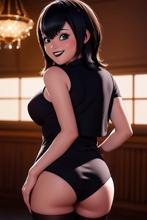 captura de pantalla de anime, ciudad, 1 chica, Solo, cabello corto, pelo negro, ojos azules, mirando al espectador, pelo entre los ojos, libidinoso, tetas grandes y pesados,  labios gruesos y voluminosos sonrisa, pata de camello, Caderas anchas, desnudez, ...