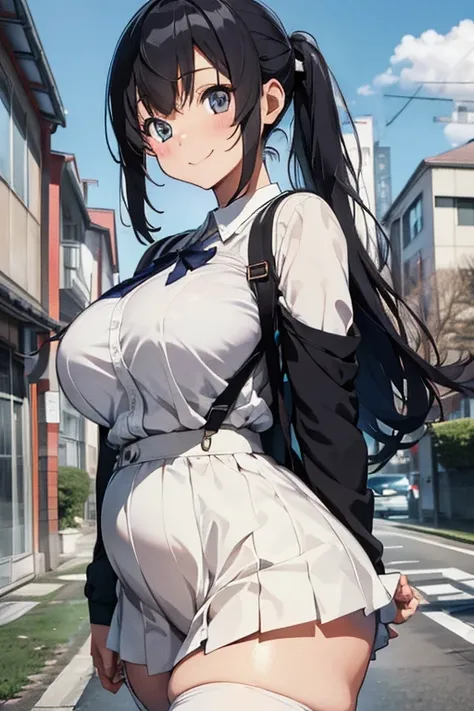 masterpiece、The best、1 female、Japanese school uniform， Bun bun、black hair、Shoulder leakage、big breasts、chubby、Smile、White suspenders、lace leggingackpack，On campus，pose