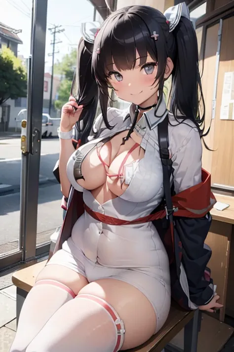 masterpiece、The best、1 female、Japanese school uniform， Bun bun、black hair、Shoulder leakage、big breasts、chubby、Smile、White suspenders、lace leggingackpack，On campus，pose