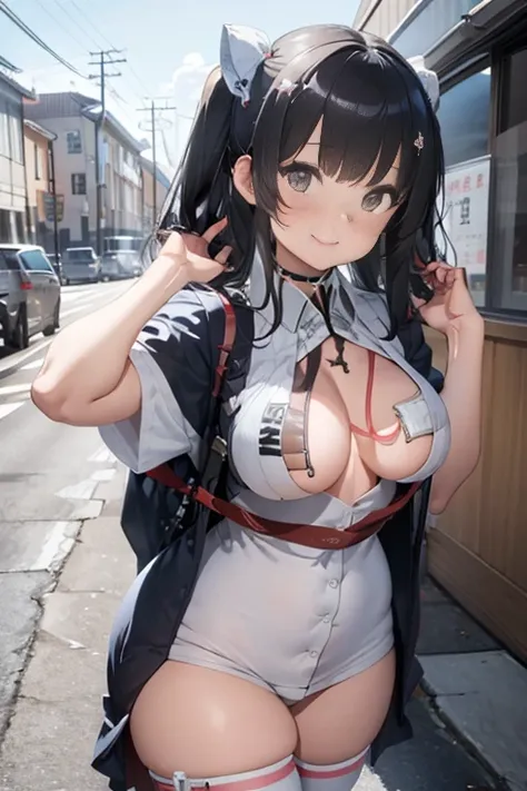 masterpiece、The best、1 female、Japanese school uniform， Bun bun、black hair、Shoulder leakage、big breasts、chubby、Smile、White suspenders、lace leggingackpack，On campus，pose，Cool