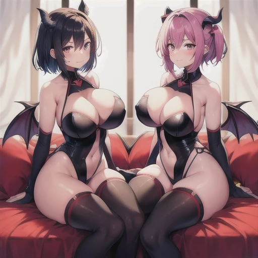 Succubus(twins)　pose of temptation　erotic body　　attractive face　　heart mark　cute smile　　eyes are hearts　　charm magic　angle from below　sit on the bed and pose　short hair　big boobs　sweets room background　pose holding hands　pose while sitting on the sofa