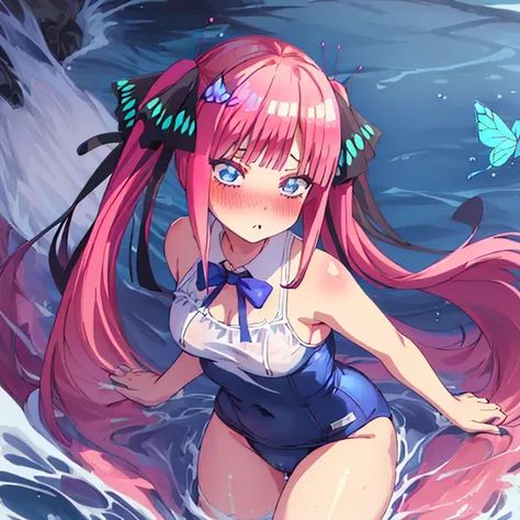 best quality, very aesthetic, Super detailed, best illustration, Dark blue one piece school swimsuit,bangs, pink_hair, blunt_bangs, hair_ornament, butterfly_hair_ornament, ribbon, black_ribbon, blue_eyes, blush, hair_ribbon, twintails, long_hair, 全身図, nswf