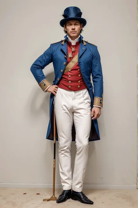 a man in a blue jacket and white pants with a cane, soldier clothing, napoleonic, 1 8 th century style, general uniform, officers uniform, a 18th century, regency-era, full uniform, xix century military outfit, 1 8 0 0 s soldier, uniform, 18th century art,...