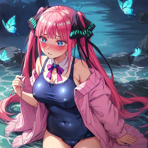 best quality, very aesthetic, Super detailed, best illustration, Dark blue one piece school swimsuit,bangs, pink_hair, blunt_bangs, hair_ornament, butterfly_hair_ornament, ribbon, black_ribbon, blue_eyes, blush, hair_ribbon, twintails, long_hair, 全身図, nsfｗ