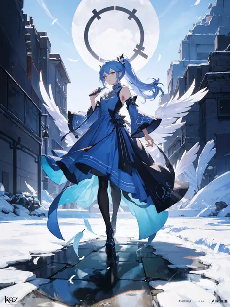 masterpiece,best quality, high quality, high details,Anime - The style image of a woman wearing a blue dress and white feathers, in the style of Blue Lane, from the video game "Blue Lane", the characters in "Blue Lane", Kushat Krenz Key Art Women, full bod...