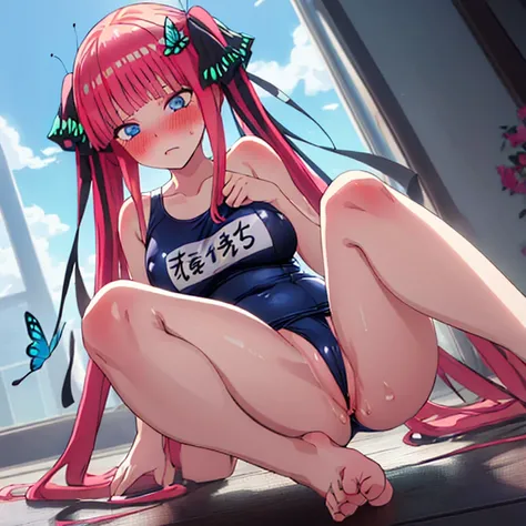 best quality, very aesthetic, Super detailed, best illustration, Dark blue one piece school swimsuit,bangs, pink_hair, blunt_bangs, hair_ornament, butterfly_hair_ornament, black_ribbon, blue_eyes, blush, hair_ribbon, twintails, long_hair, full body, nsfｗ, ...