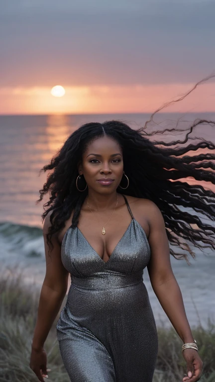 a photograph a middle aged black woman 37 years old, youthful appearance, with long straight windswept tresses, her hair flowing in the wind like flames against a twilight sky, emanating untamed beauty