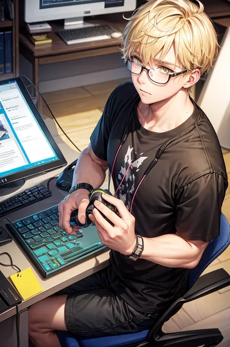 "Fit blond boy with thick black glasses, hazel-yellow eyes, wearing headphones, working on the computer."
