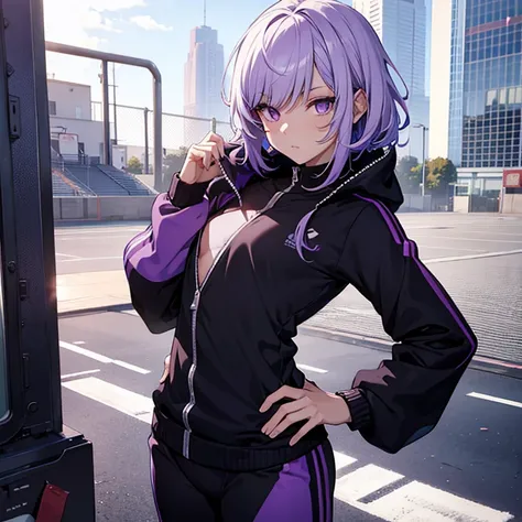 Anime girl, single picture, athletic, black soccer track suit, short white hair with purple tips, light purple eyes, small chest