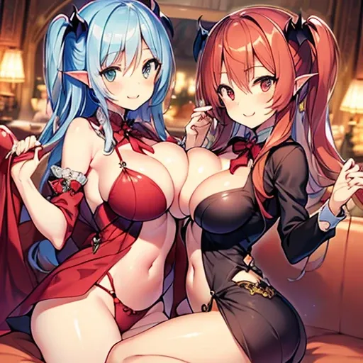 Succubus(twins)　pose of temptation　erotic body　　attractive face　　heart mark　cute smile　　　charm magic　sit on the bed and pose　　big boobs　sweets room background　pose holding hands　pose while sitting on the sofa