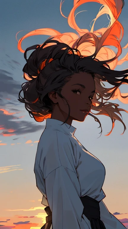 a photograph a middle aged black woman 37 years old, youthful appearance, with long straight windswept tresses, her hair flowing in the wind like flames against a twilight sky, emanating untamed beauty