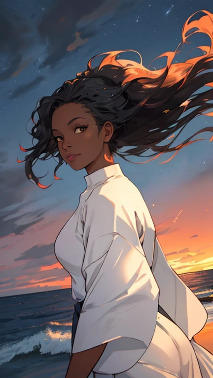 a photograph a middle aged black woman 37 years old, youthful appearance, with long straight windswept tresses, her hair flowing in the wind like flames against a twilight sky, emanating untamed beauty