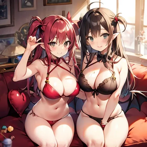 Succubus(twins)　pose of temptation　erotic body　　attractive face　　heart mark　cute smile　　　charm magic　sit on the bed and pose　　big boobs　sweets room background　pose holding hands　pose while sitting on the sofa