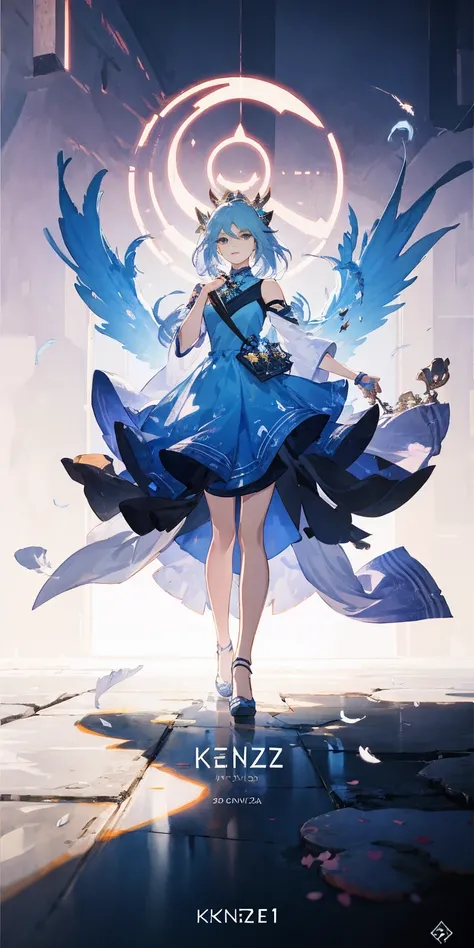 masterpiece,best quality, high quality, high details,Anime - The style image of a woman wearing a blue dress and white feathers, in the style of Blue Lane, from the video game "Blue Lane", the characters in "Blue Lane", Kushat Krenz Key Art Women, full bod...