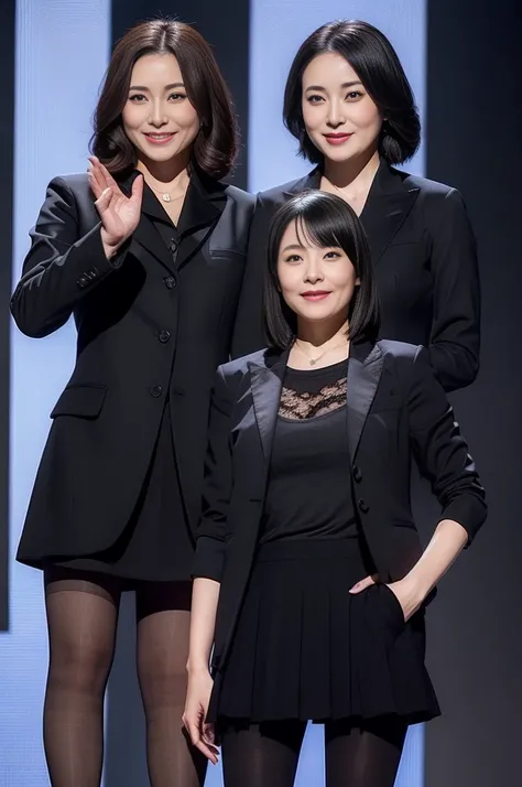 attractive woman、３human female、All three cute beautiful women with perfect bodies: 1.4、smile、masterpiece、highest quality,Bright balcony,((((black shirt、black suit jacket、black skirt))))、((pearl necklace、elegant hairstyle、natural makeup、My chest is very swo...