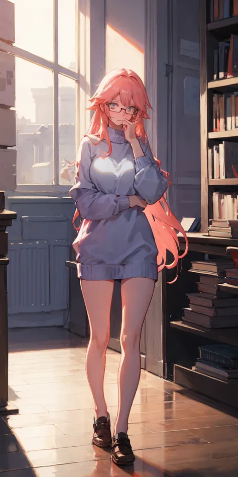 full-body close-up, create an elegant atmosphere, (masterpiece),(best quality), glasses, chakumomi, pov hand, breast grab, (embarrassed),sweater, in library, standing on wood floor
