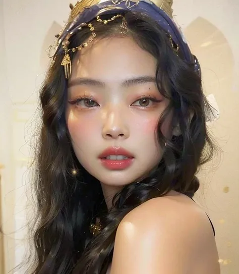 Arafed woman with long hair wearing a gold hat, jennie blackpink, asian face, gema chen, Louise Zhang, gongbi, wenfei you, a young Asian woman, taejune kim, Xintong Chen, jaeyeon nam, heonhwa choe, Lulu Chen, detailed face of an Asian girl, Shen Mingchen, ...