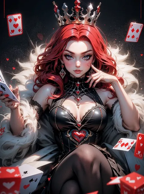 Em um luxuoso cassino, A stunning woman wears an exquisite dress adorned with heart symbols, embodying the royal presence of the Queen of Hearts. Surrounded by a backdrop of poker cards and chips, She exudes confidence and seduction, convidando os jogadore...