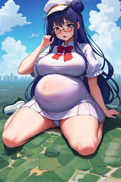 Giant maiden，Moe two-dimensional style，Pregnancy status，Round belly, Huge breasts, Thick thighs，Gaze at the bustling city, Lying down, Burp, Burping, Loud burp, Really loud burp, Glasses, Embarrassed, Full body