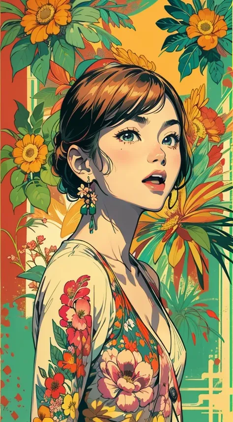 Criar arte digital no estilo Pop Art, With a vibrant and confident young Asian woman，Moda de rua, esquema de cores do filme, Rodeado por motivos de flores vintage, Pinceladas vibrantes,Emotions Should Be Dynamic, tronco, desenho, illustration, escala cinza...