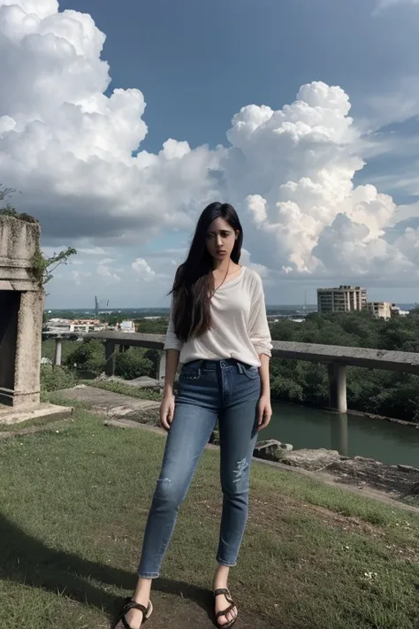 thai woman, look at the audience, long hair, shirt, jeans, cloud, sky, sky空,outdoor, post-apocalyptic, ruins, landscape, Tree, water,