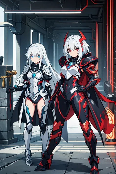 Frauen, Gesicht, White hair, Armor of the Copper Dragon, Maske, Rote Augen, High quality, super detailliert, Super Holy Armor, Vorderseite, Helles Bild, mehr Vorderseite, 4 Drachenflügel, mehr vorne, black armor, Roter-Kupfer Verzierung, Cyberpunk, Neon, m...