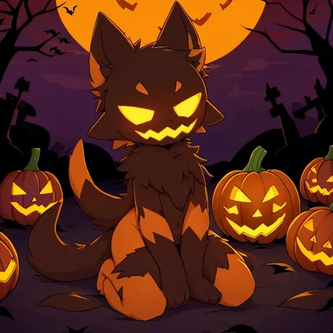 The tail  in the right position，halloween，night，pumpkin，Randomly colored slimes cover the body，kneeling