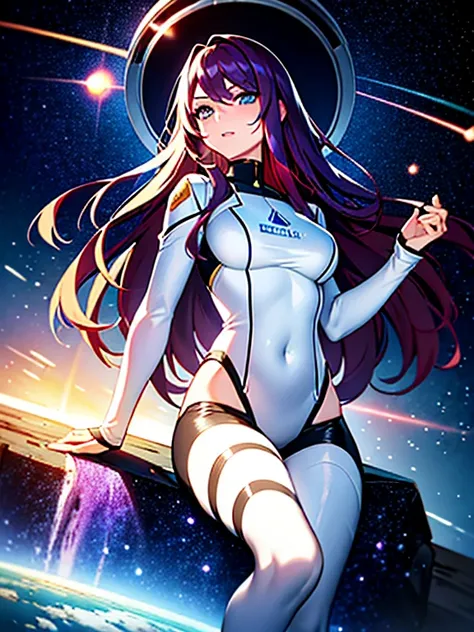 oil，beautiful woman，23 years old，（A man drifts in spaCe），TaChibana Crimson long-haired，（SpaCe helmet rupture），green eyelid bodiesbian）），（（Wear a white spaCesuit）），edge light，space nebula，（long hair fainting：1.5），best quality，tmasterpieCe，ultra high resolut...