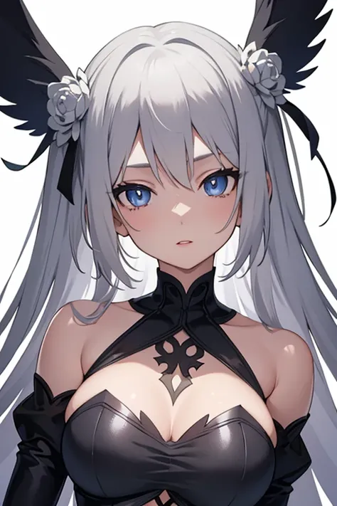 1girl, anime, cute girl, blank background, white background, fantasy, detailed dark fantasy dress with highlights, beautiful face, beautiful eyes, dark colors, silver hair, slightly small breasts, slight cleavage, beautiful skin, cute, breast curtains, ext...