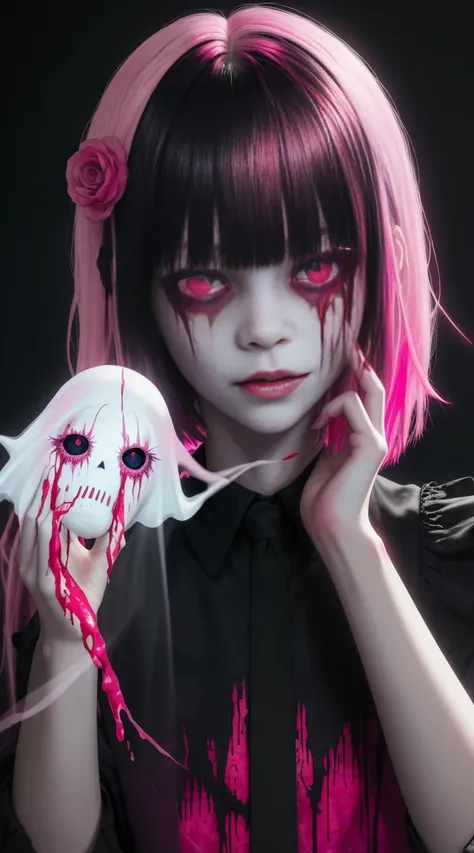 (masterpiece, best quality:1.2), cover image, splashed color background, highly detailed, colorful black, 1 girl, long silver hair, red eyes, blood on eye, head in the hand, short hair, blunt bangs, mannequin, cool face, ((( pink sexy ghost))), illustratio...