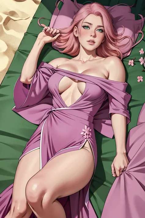 masterpiece, absurdres, sakura(boruto), 1girl, solo, mature female, wearing purple gown, perfect composition, detailed lips, big breast, beautiful face, body proportion, blush, (pink lips), long pink hair, hair over shoulder, Green-eyed, soft gaze, super r...