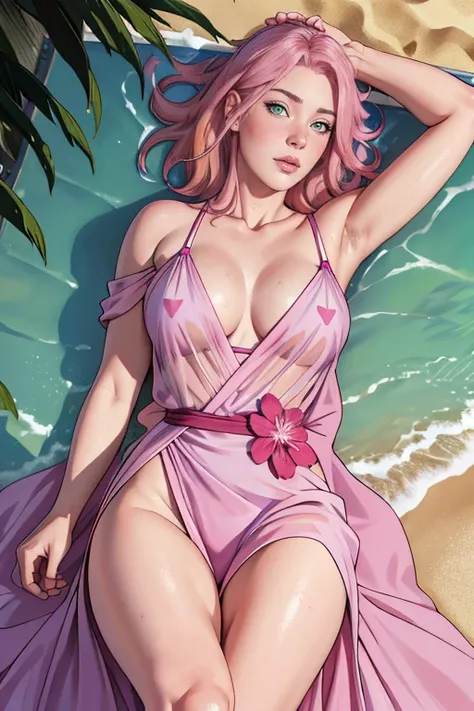 masterpiece, absurdres, sakura(boruto), 1girl, solo, mature female, wearing wet transparent purple gown, perfect composition, detailed lips, big breast, beautiful face, body proportion, blush, (pink lips), long pink hair, hair over shoulder, Green-eyed, so...