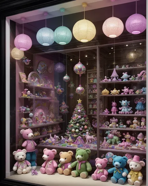 a colorful, whimsical toy store window display, with vibrant toys and decorative elements,meticulously crafted and beautifully arranged,brimming with life and excitement,toys of all shapes and sizes, including dolls, teddy bears, cars, and building blocks,...