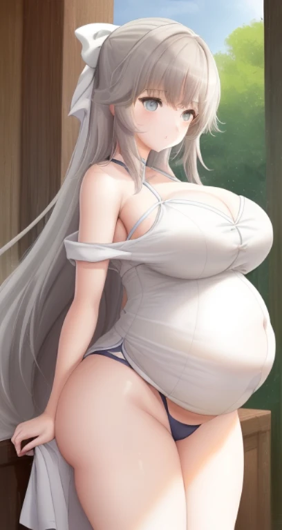 ((obra maestra)), ((mejor calidad)), ((Altas Resoluciones)), ((extremadamente detallado CG unidad 8k wallpaper)),(cabello gris:1.9) (híper pregnant)El cabello es de un color gris de longitud media  ,Yumi Hara (Senran Kagura),(Senos grandes:1.9)(large pregn...