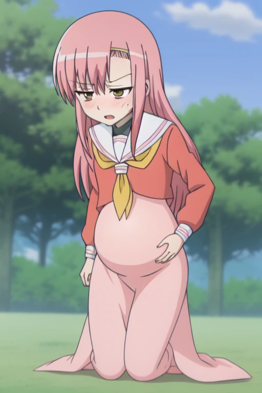 katsura hinagiku, 8k, masterpiece, absurdres, anime, she is having contractions, bend over and holding her belly trying to endure the pain ,Pregnant Belly, Pregnant belly, holding belly, in pain face, labor contractions sweating, in pain, very bend down, o...